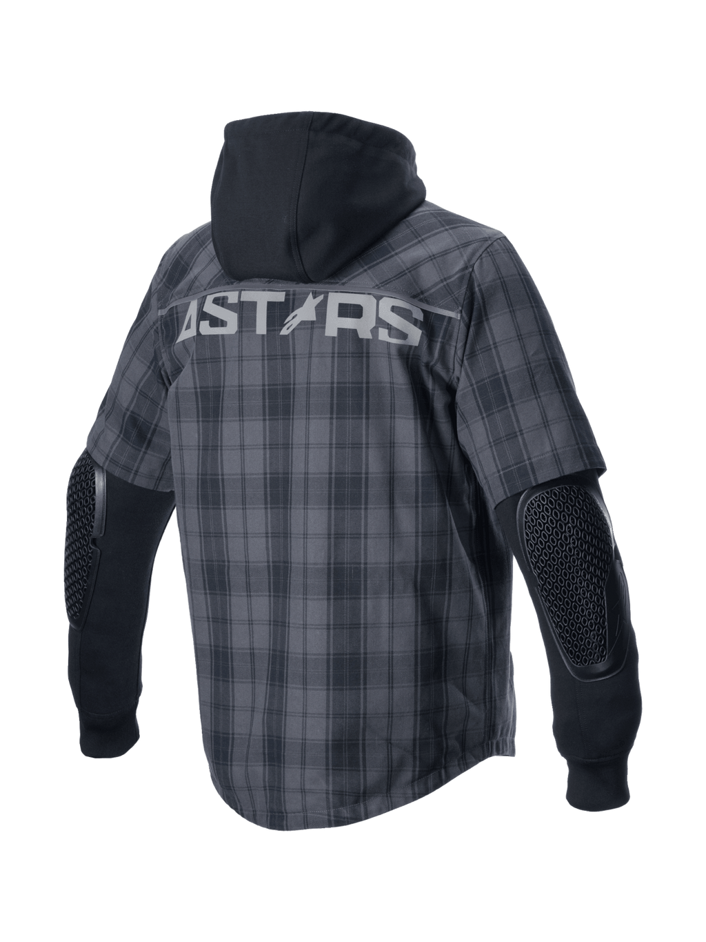 Alpinestars MO.ST.EQ Tartan skjorta, grå och svart rutmönstrad urban motorcykeljacka med fast huva, exponerade armbågsskydd och stor ASTARS-logotyp på ryggen, CE-certifierad