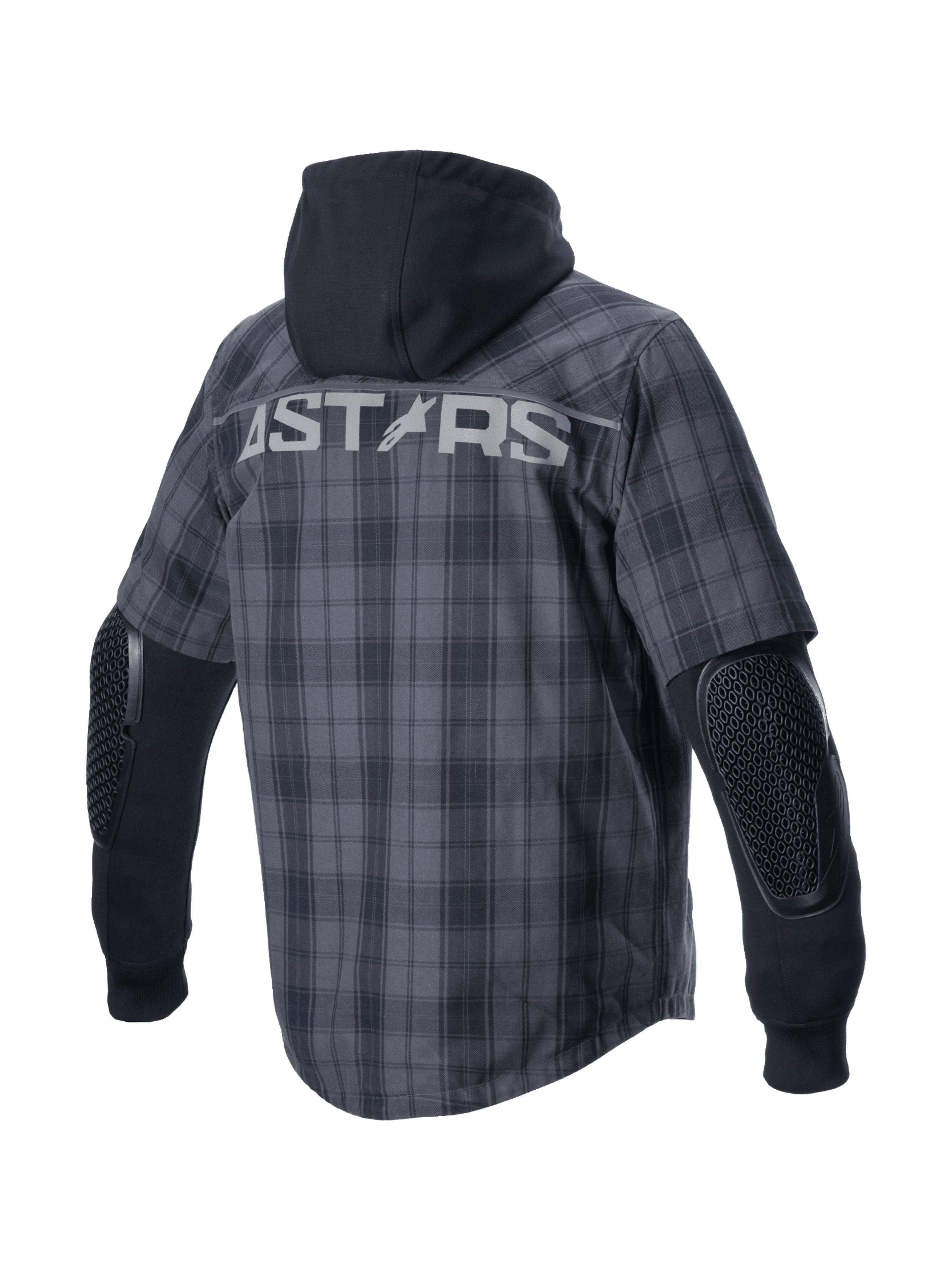 Alpinestars MO.ST.EQ Tartan skjorta, grå och svart rutmönstrad urban motorcykeljacka med fast huva, exponerade armbågsskydd och stor ASTARS-logotyp på ryggen, CE-certifierad
