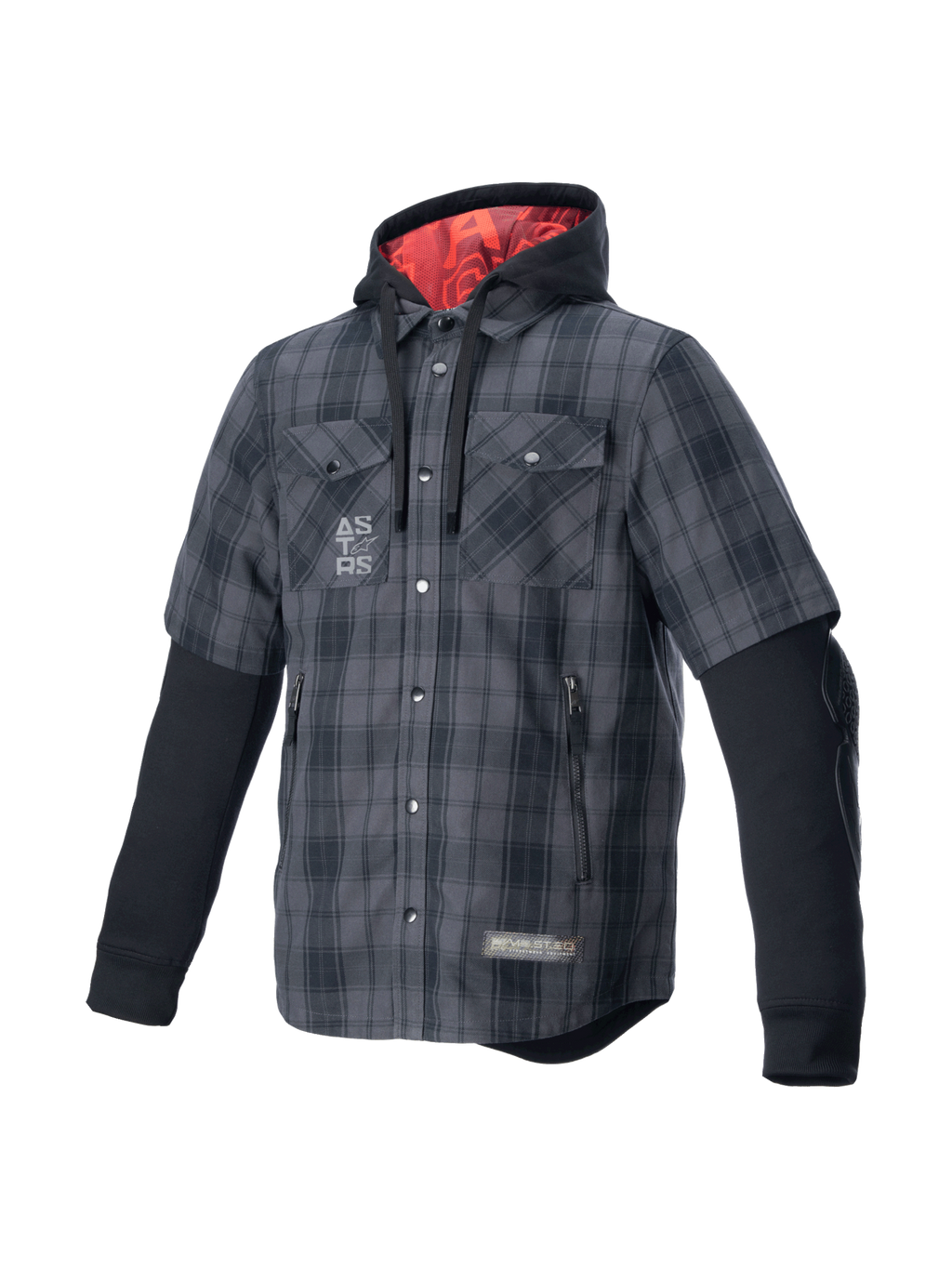 Alpinestars MO.ST.EQ Tartan skjorta, grå och svart motorcykeljacka för urban körning, rött foder i huvan, rutmönstrad textil med inbyggda skydd