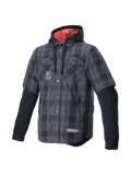 Alpinestars MO.ST.EQ Tartan skjorta, grå och svart motorcykeljacka för urban körning, rött foder i huvan, rutmönstrad textil med inbyggda skydd