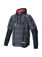 Alpinestars MO.ST.EQ Tartan skjorta, grå och svart motorcykeljacka för urban körning, rött foder i huvan, rutmönstrad textil med inbyggda skydd
