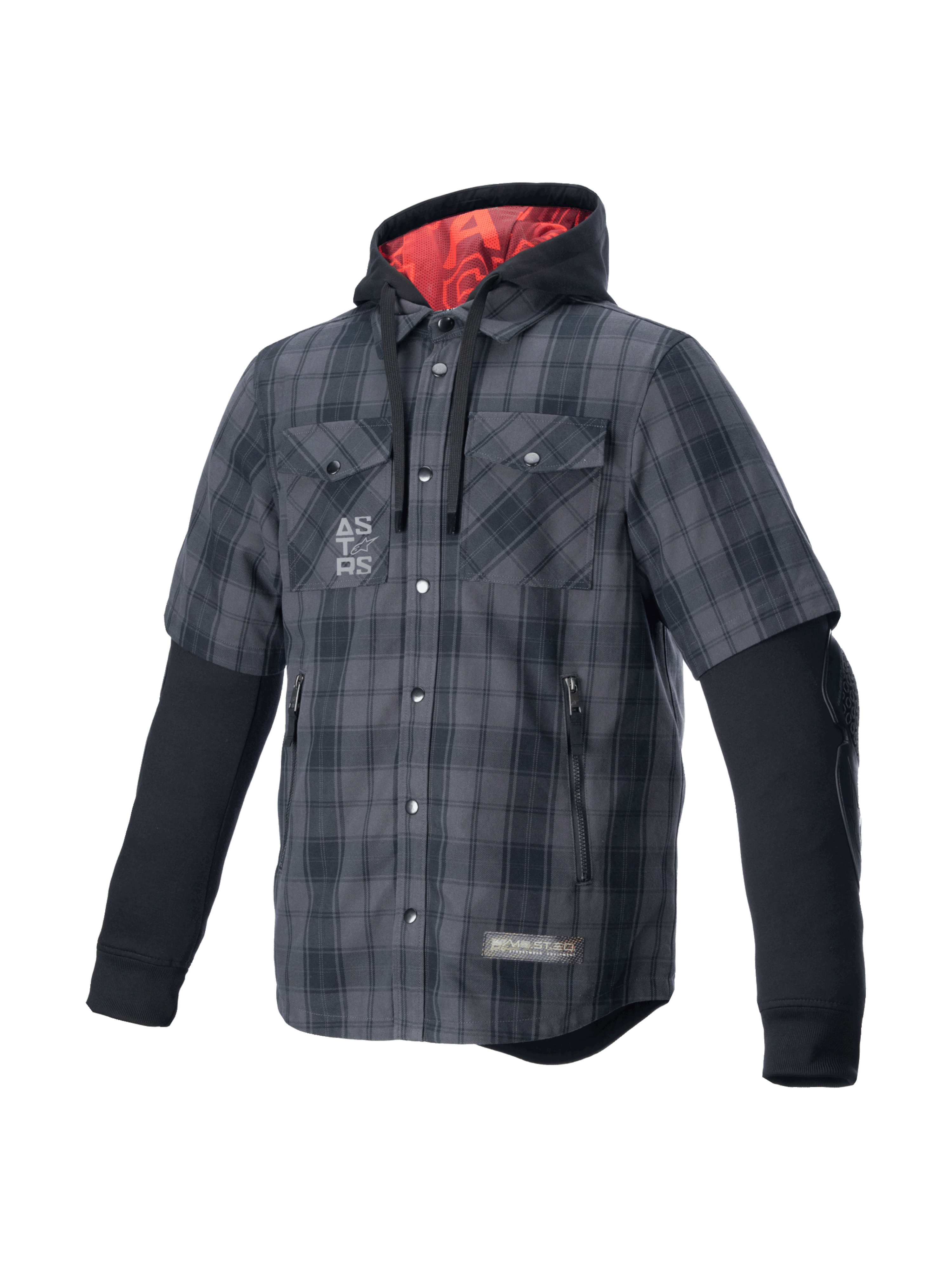 Alpinestars MO.ST.EQ Tartan skjorta, grå och svart motorcykeljacka för urban körning, rött foder i huvan, rutmönstrad textil med inbyggda skydd