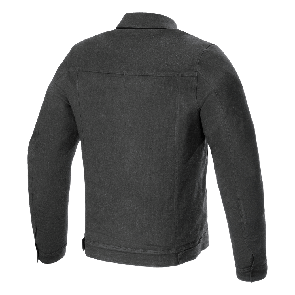 Alpinestars Garage Jacket, vy bakifrån, Smoke Gray, urban motorcykeljacka i denim, med horisontellt ok bak och vertikala sömdetaljer, arbetsklädesinspirerad stil för landsvägskörning