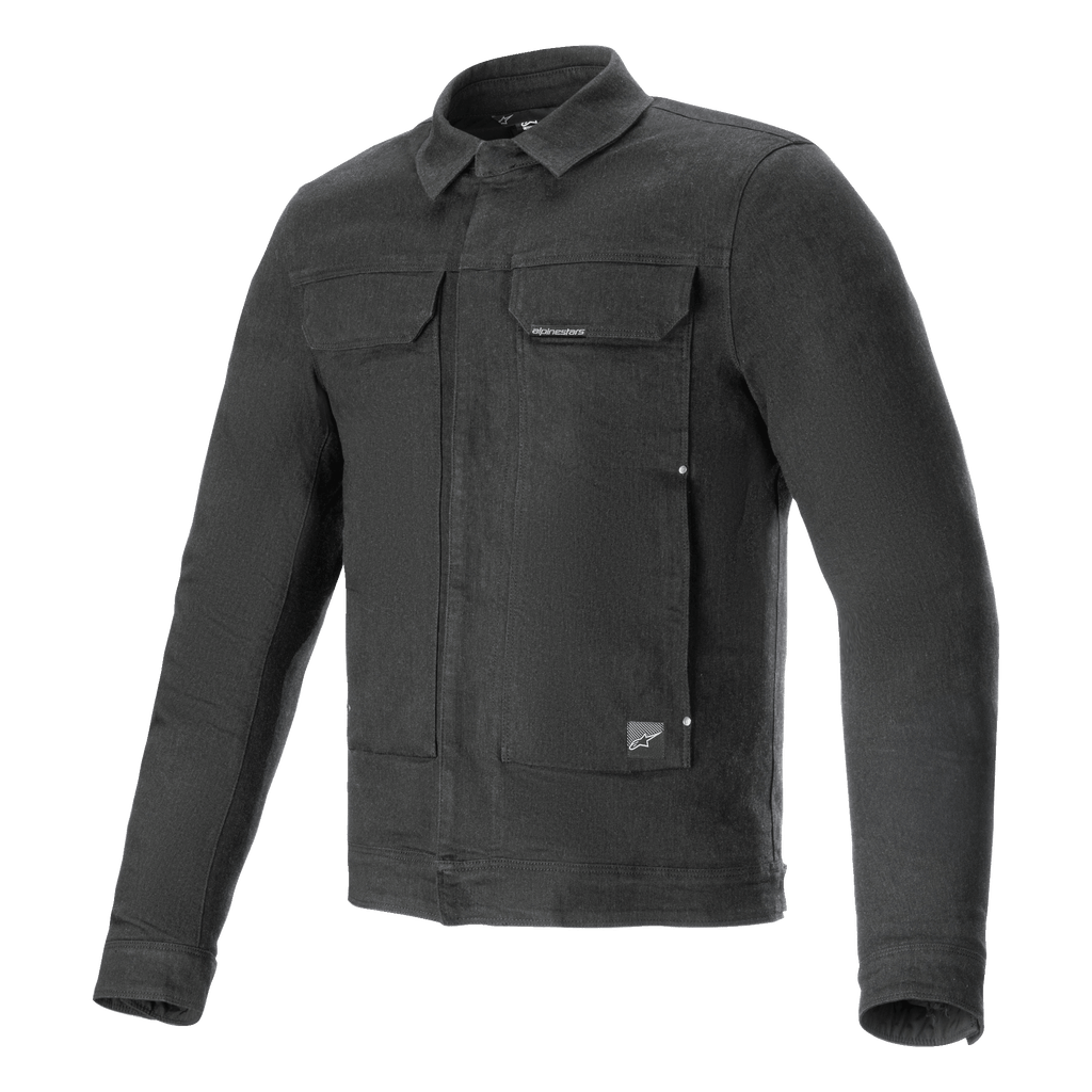 Alpinestars Garage Jacket, motorcykeljacka, rökgrå, långärmad stretchdenim i bomull med en arbetsklädesinspirerad siluett, bröstfickor och subtila logotyper, urban och vardaglig skyddsutrustning