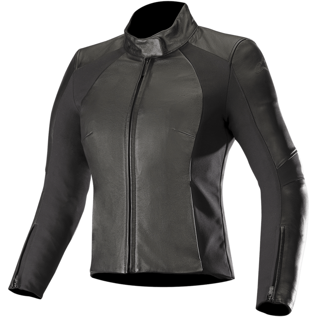 Alpinestars Stella Vika V2 Leather Jacket, Women's Motorcycle Jacket, Black, featuring a sleek figure-hugging fit with a high collar and front zipper, combination of smooth leather and matte aramid stretch side panels, zippered cuffs, and minimalist design for road riding.