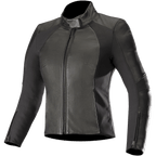 Alpinestars Stella Vika V2 Leather Jacket, Women's Motorcycle Jacket, Black, featuring a sleek figure-hugging fit with a high collar and front zipper, combination of smooth leather and matte aramid stretch side panels, zippered cuffs, and minimalist design for road riding.