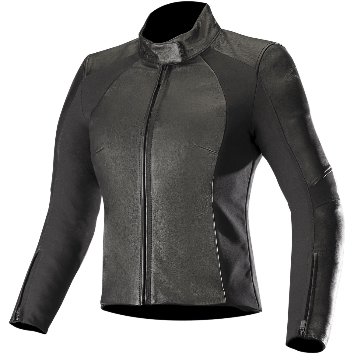 Alpinestars Stella Vika V2 Leather Jacket, Women's Motorcycle Jacket, Black, featuring a sleek figure-hugging fit with a high collar and front zipper, combination of smooth leather and matte aramid stretch side panels, zippered cuffs, and minimalist design for road riding.
