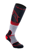 Alpinestars MX Pro Socks V2, knähöga motocrossstrumpor, svarta, grå och röda, med en röd Astar-logotyp på övre delen av vaden, grått mittparti med tunna horisontella svarta ränder, förstärkt röd vaddering vid häl och ankel, fukttransporterande funktionsstrumpor för terrängkörning