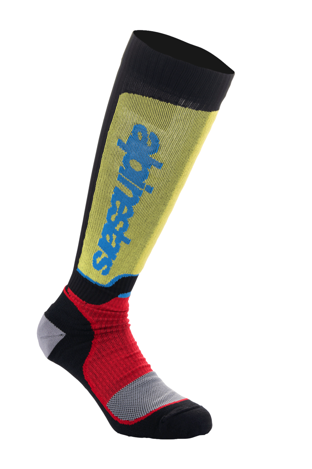Alpinestars MX Plus-strumpor, motocross-strumpor, svarta, gula och röda med blå logotyp, knälång design med ribbad textur och förstärkt grå vaddering, tekniska strumpor för terrängkörning