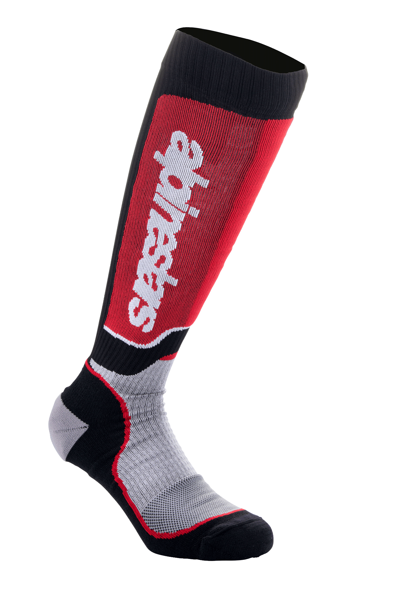 Alpinestars MX Plus Socks, Motocross Riding Socks, Black Gray and Red, featuring vertical white Alpinestars branding on a red calf panel, ribbed performance fabric, and reinforced heel and toe.