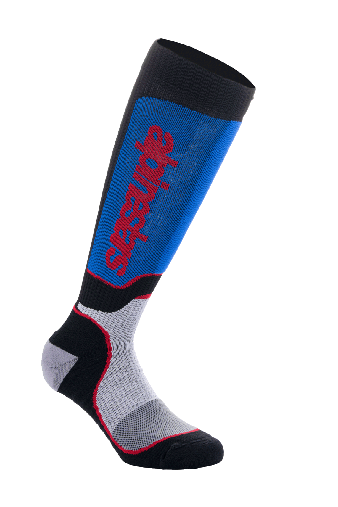 Alpinestars MX Plus strumpor, motocross-strumpor, svarta, kungsblå och grå med röd Alpinestars-logotyp, ribbad textur för stretch, mesh-ventilationszoner och förstärkt vaddering för offroad-komfort