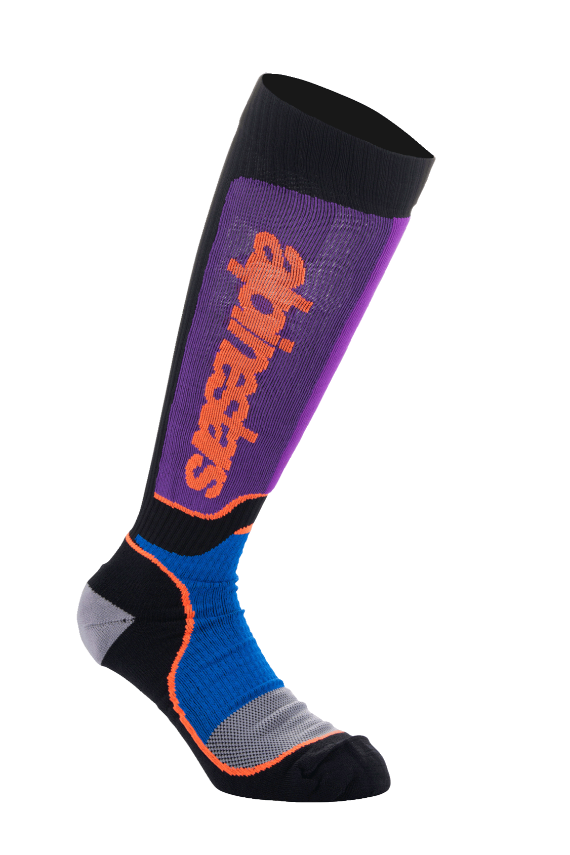 Alpinestars MX Plus strumpor, motocross knästrumpor, svarta, kungsblå och lila, med lila ribbstickat ben och vertikal orange Alpinestars-logotyp, kungsblå meshpaneler vid ankeln med orangea detaljer och en gråsvart förstärkt fot, funktionell terrängutrustning