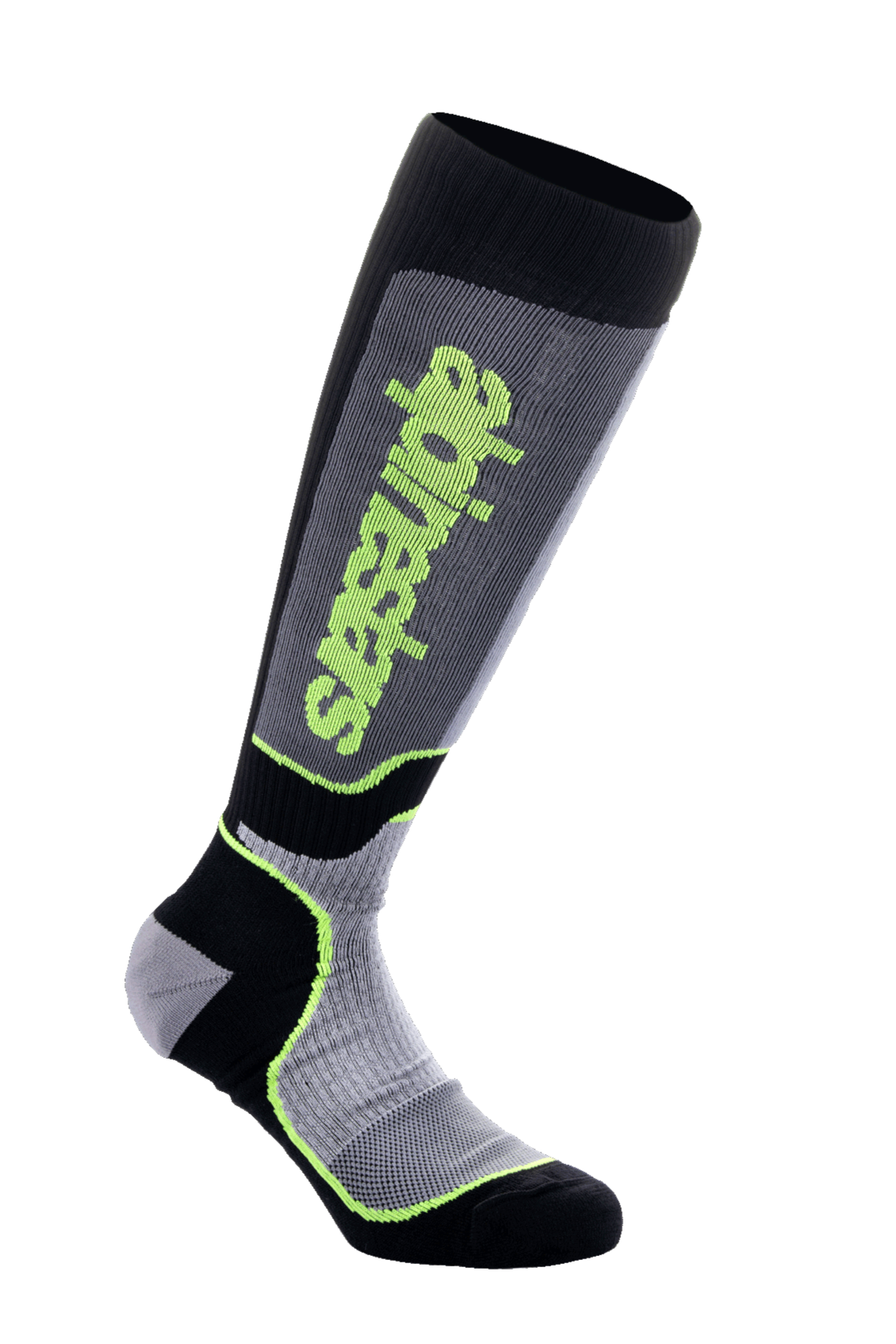 Alpinestars MX Plus Socks, Motocross Knee-High Socks, Black Gray and Yellow Fluo, featuring vertical Alpinestars branding, ribbed and mesh textures, technical performance riding gear