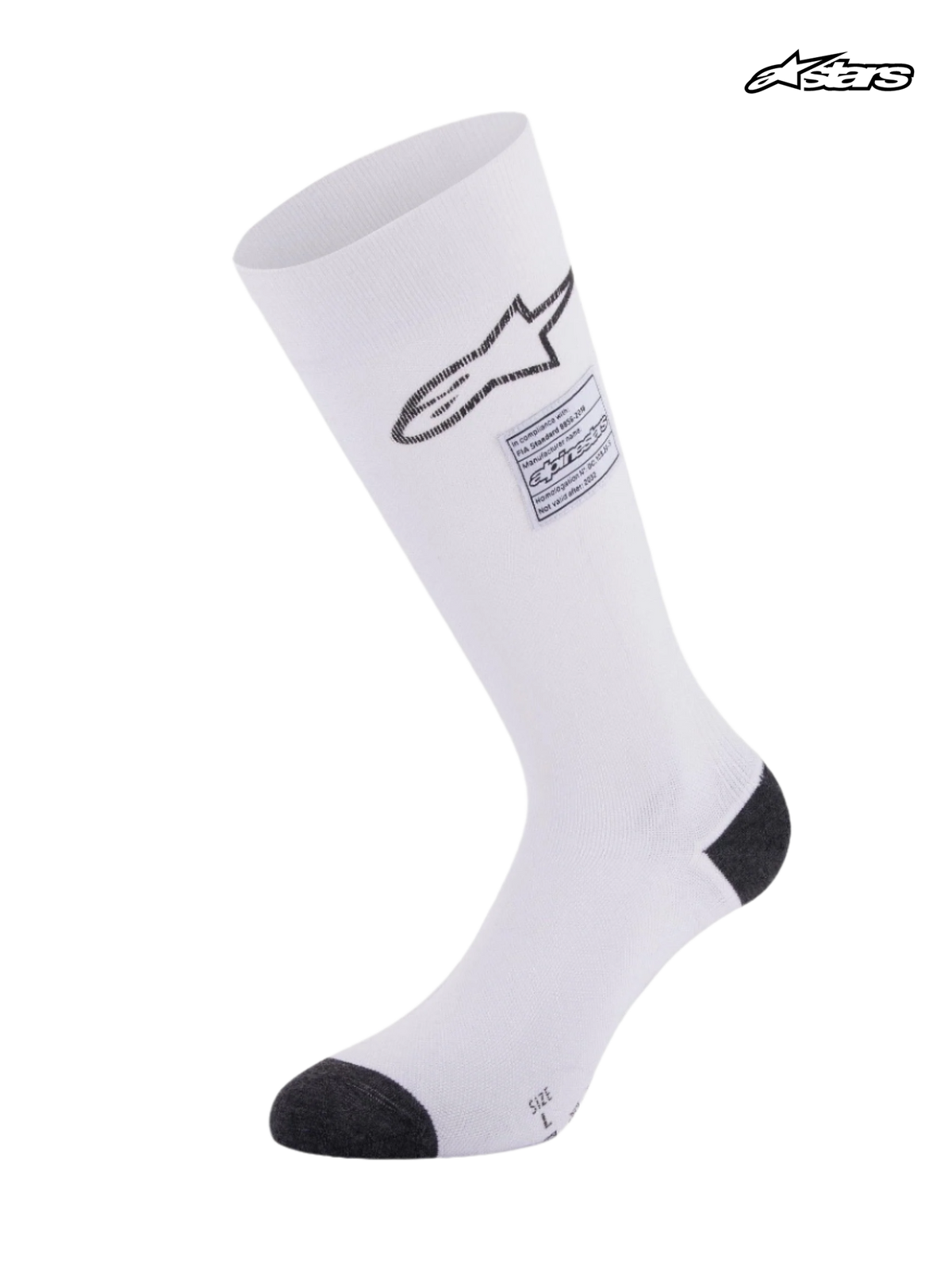 Alpinestars ZX V4 strumpor, flamskyddade racingsockor, vita med svarta detaljer, FIA-certifierade, sömlös aramidkonstruktion med gradvis kompression