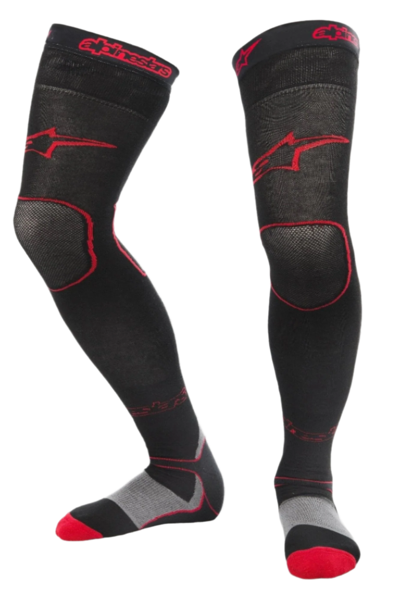 Alpinestars MX Long Tech Tjocka Strumpor, motocross-strumpor, svarta och röda, längd till mitten av låret med röd logotyp, grå och röda detaljer på sulan, tekniskt material designat för terrängkörning och motocross-stövlar