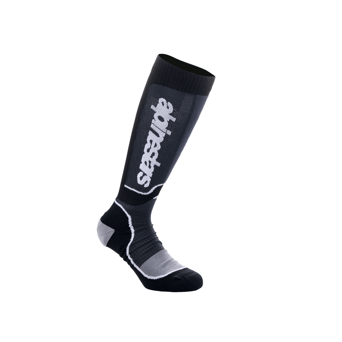 Alpinestars Youth MX Plus-strumpor, knähöga motocross-strumpor, svarta och grå med vit Alpinestars-logotyp, ribbad textur med förstärkt häl och tå, ventilerande enkellagerskonstruktion för offroad-prestanda