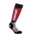 Alpinestars Youth MX Plus-strumpor, motocross-strumpor, svarta, grå och röda, med vertikal vit logotyp på röd panel på smalbenet, teknisk enkellagerskonstruktion med ventilerande meshpartier, designade för offroad-stövlar