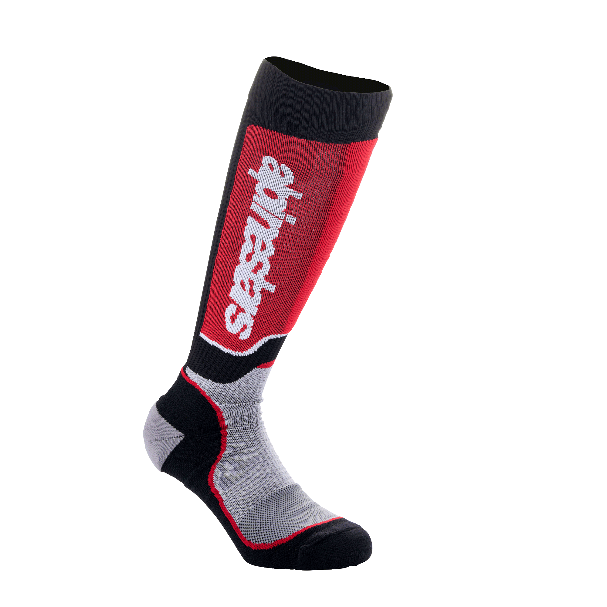Alpinestars Youth MX Plus-strumpor, motocross-strumpor, svarta, grå och röda, med vertikal vit logotyp på röd panel på smalbenet, teknisk enkellagerskonstruktion med ventilerande meshpartier, designade för offroad-stövlar
