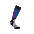 Alpinestars Youth MX Plus Socks, Motocross Knee-High Socks, Black, Royal Blue and Gray, featuring a vertical red Alpinestars logo, ribbed compression fit with reinforced heel and toe, performance gear for young riders