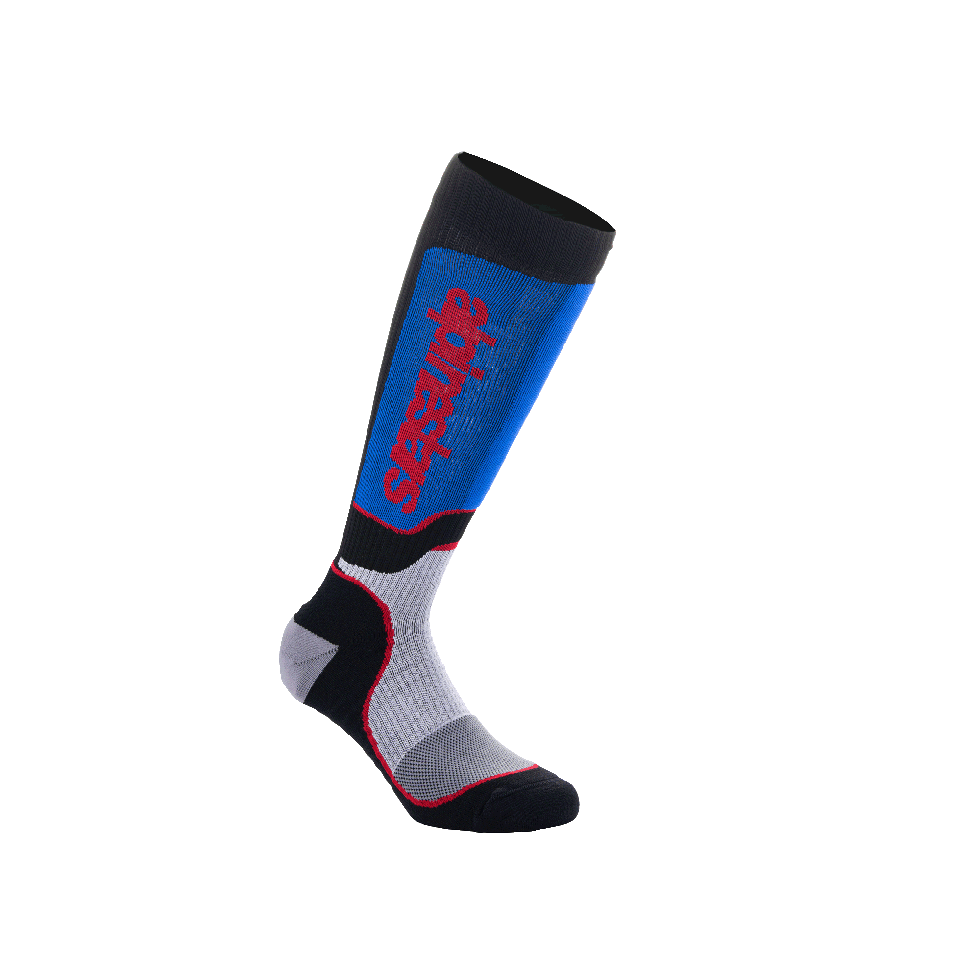 Alpinestars Youth MX Plus Socks, Motocross Knee-High Socks, Black, Royal Blue and Gray, featuring a vertical red Alpinestars logo, ribbed compression fit with reinforced heel and toe, performance gear for young riders