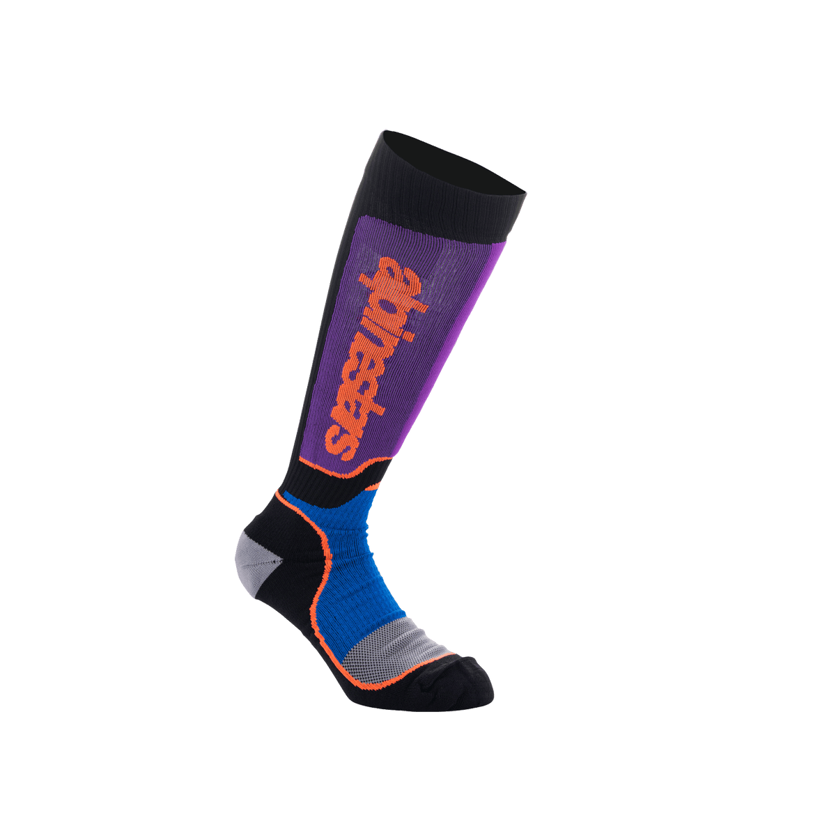 Alpinestars Youth MX Plus strumpor, knähöga motocross-strumpor, svarta, kungsblå och lila med orange detaljer, ribbad konstruktion samt förstärkt häl och tå för terrängkörning