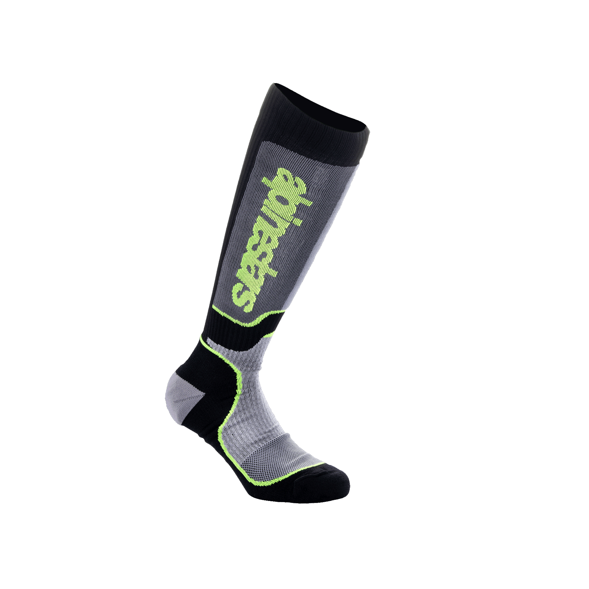 Alpinestars Youth MX Plus strumpor, motocross-strumpor, svarta, grå och neongula, knähög design med ribbad konstruktion och Alpinestars-logotyp, för terrängkörning med motorcykel