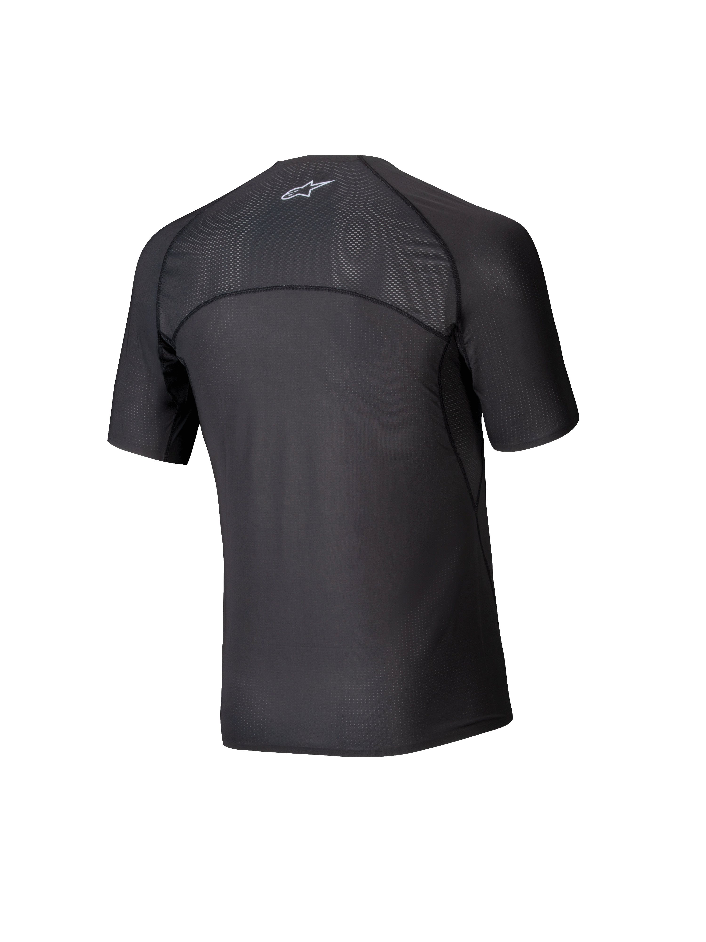 Alpinestars Tech KX Sim Top, kortärmat baslager för karting, svart, vy bakifrån som visar ventilerande meshpaneler på axlarna och övre delen av ryggen, ergonomisk sömskonstruktion, fuktavledande funktionstyg
