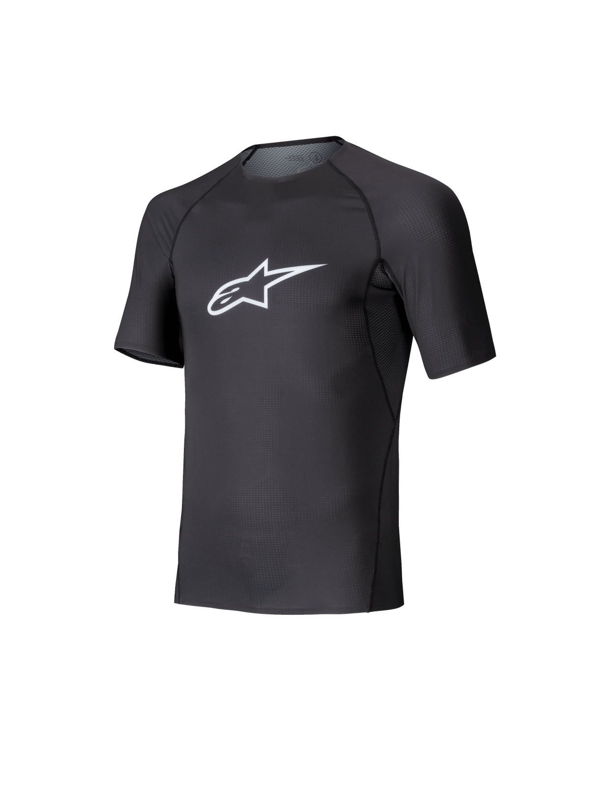 Alpinestars Tech KX Sim Top, kortärmat baslager för karting, svart med vit Astars-logotyp på bröstet, ventilerande stretchmesh-konstruktion, ergonomisk passform för karting och simracing