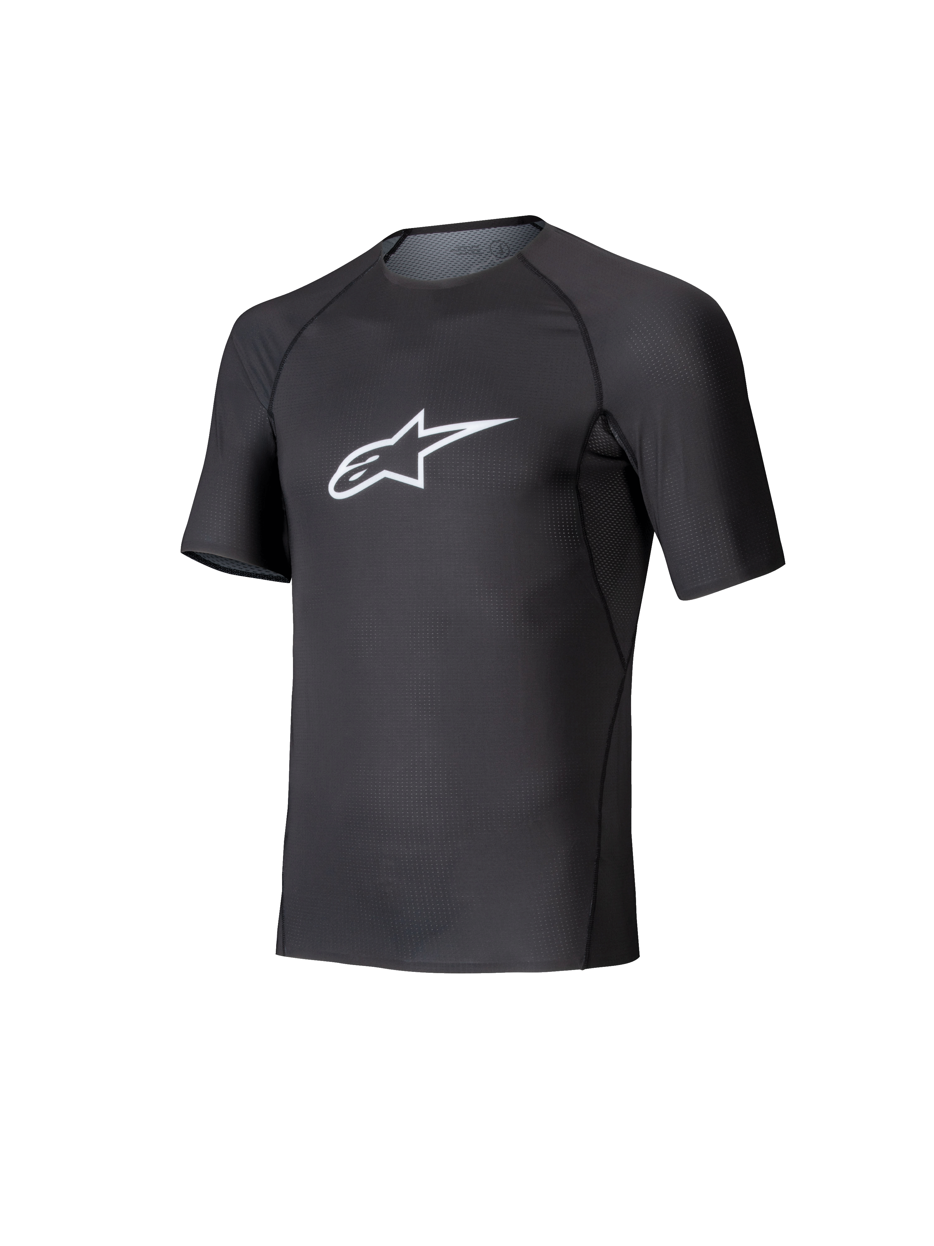 Alpinestars Tech KX Sim Top, kortärmat baslager för karting, svart med vit Astars-logotyp på bröstet, ventilerande stretchmesh-konstruktion, ergonomisk passform för karting och simracing