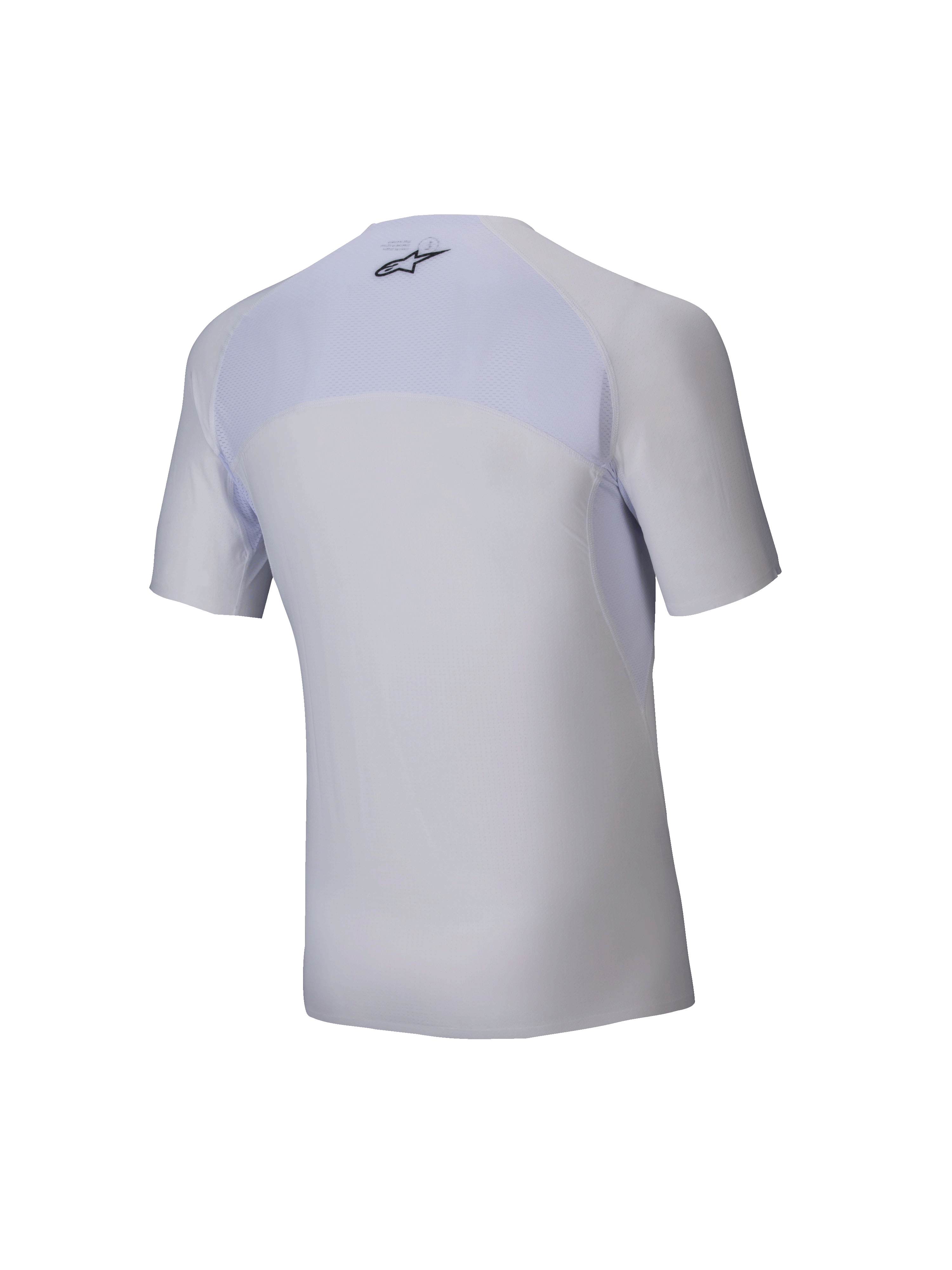 Alpinestars Tech KX Sim Top - kortärmad, vitt baslager för karting, vy bakifrån, har ventilerande meshpanel på övre delen av ryggen, svart Alpinestars-logotyp i nacken, ergonomiskt stretchmaterial för racingprestanda