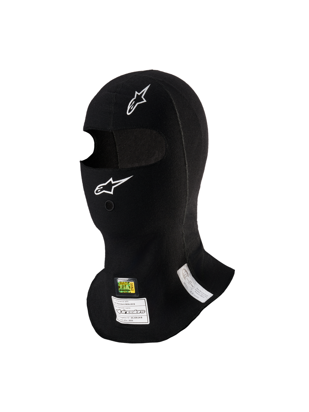 Alpinestars ZX Evo V3 Balaklava, svart, flamsäker huvudsocka för racing, med vita Alpinestars-logotyper, öppning för vätskeslang och FIA/SFI-homologeringsetiketter, lättviktig och ergonomisk design för motorsport