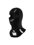 Alpinestars ZX Evo V3 Balaklava, svart, flamsäker huvudsocka för racing, med vita Alpinestars-logotyper, öppning för vätskeslang och FIA/SFI-homologeringsetiketter, lättviktig och ergonomisk design för motorsport