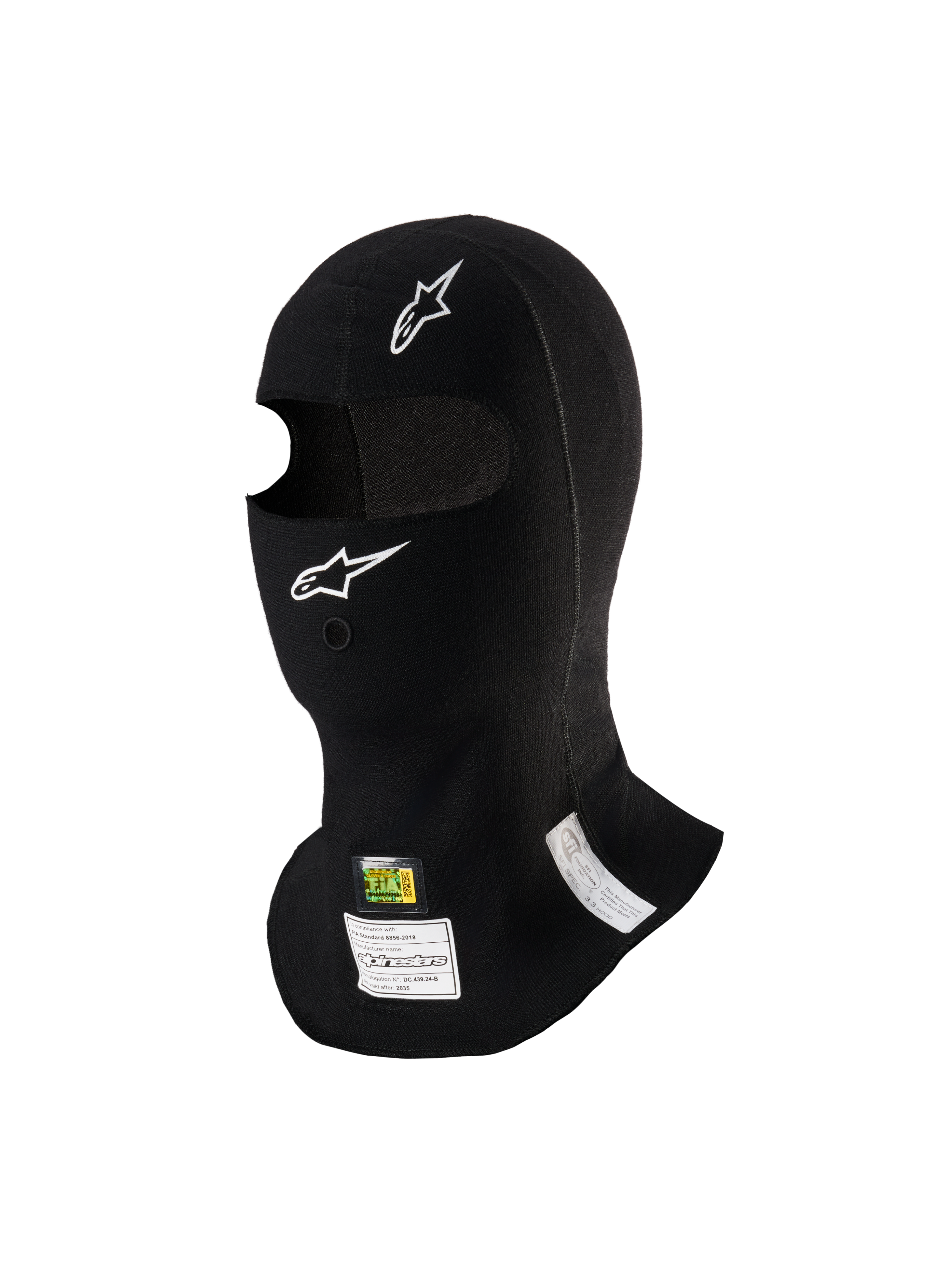 Alpinestars ZX Evo V3 Balaklava, svart, flamsäker huvudsocka för racing, med vita Alpinestars-logotyper, öppning för vätskeslang och FIA/SFI-homologeringsetiketter, lättviktig och ergonomisk design för motorsport