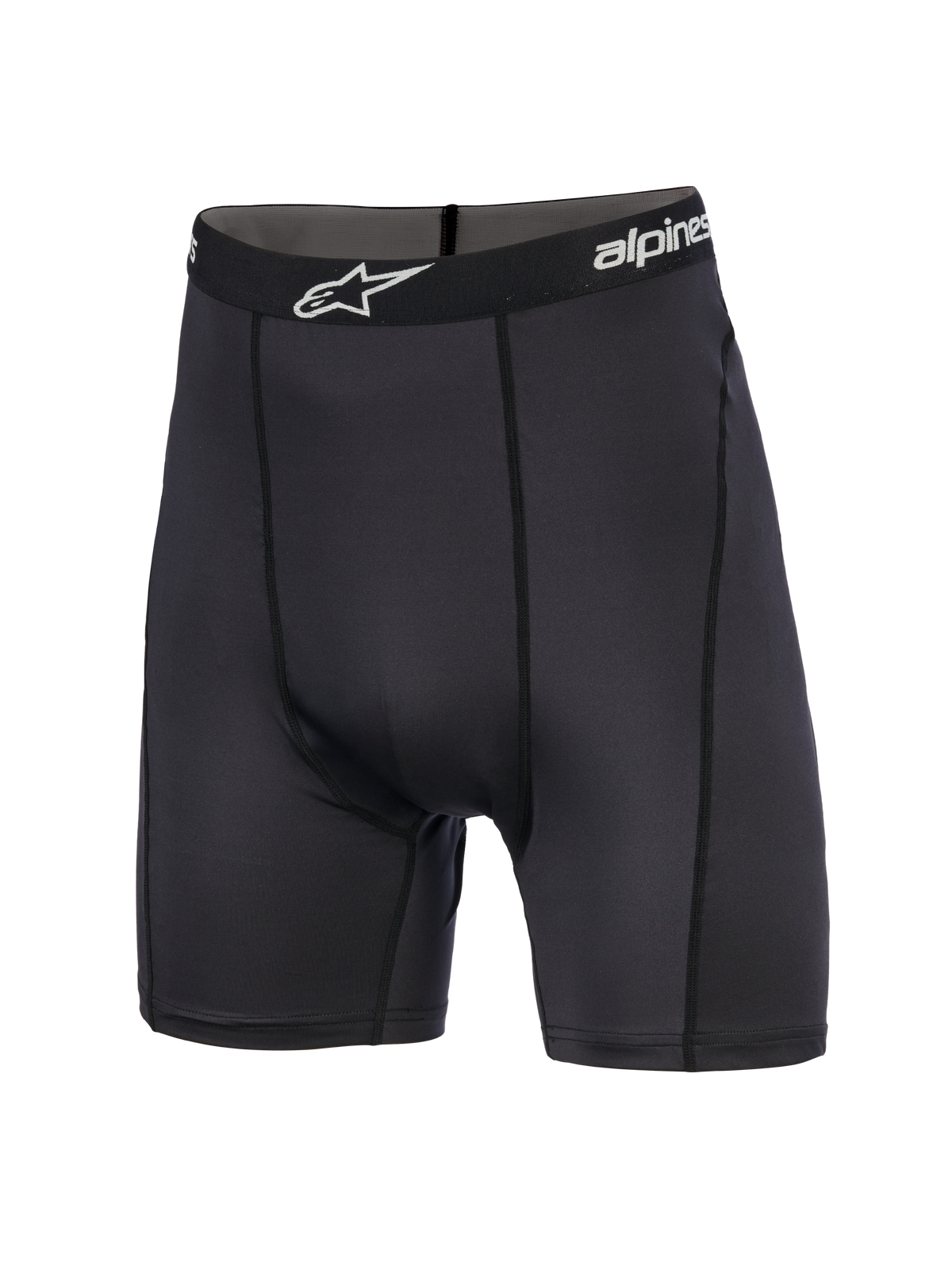 Alpinestars MX Boxer, Motocross Base Layer Shorts, Black, mid-thigh length featuring a branded elastic waistband with white star logo, athletic fit with vertical seams
