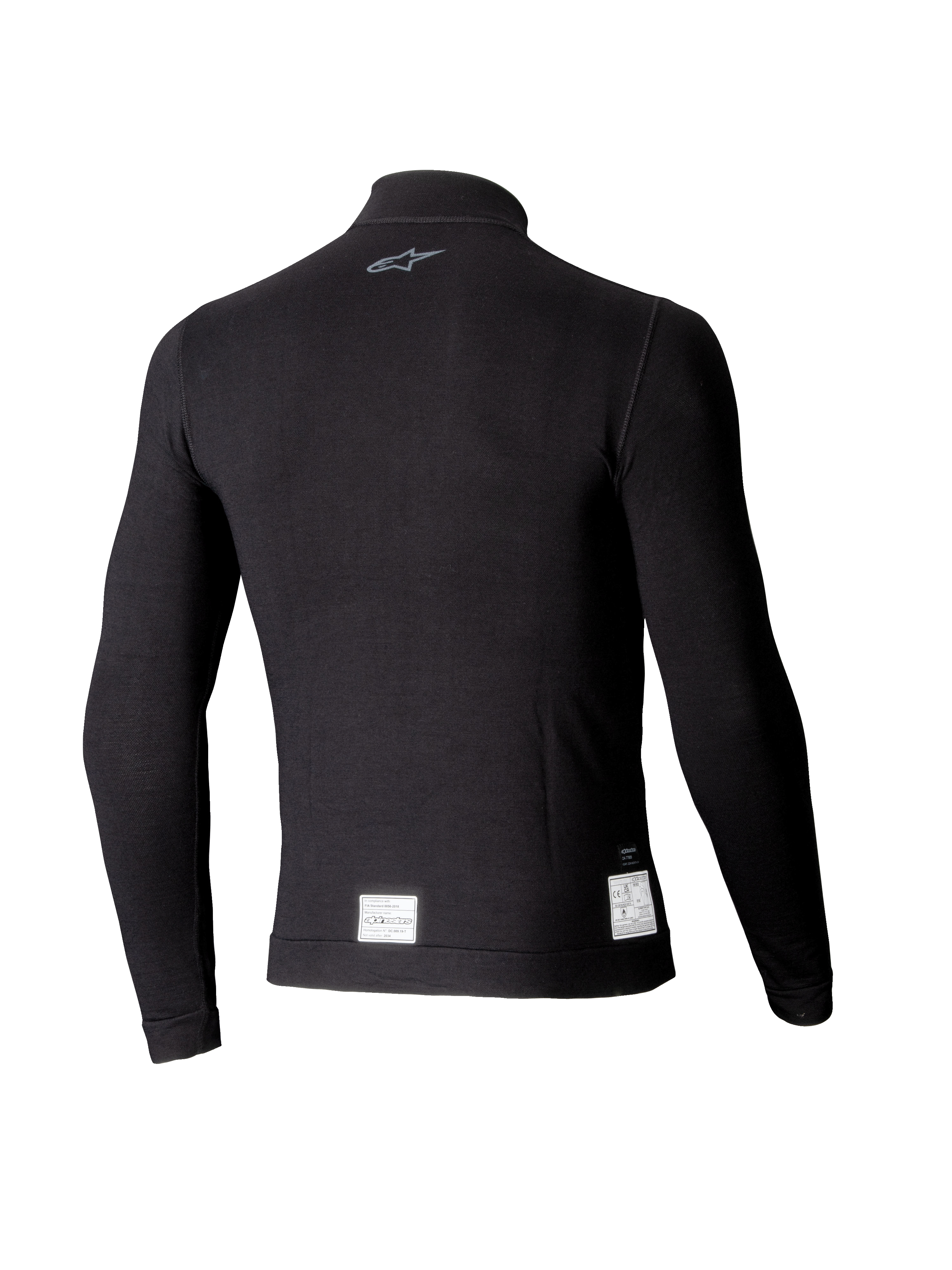Alpinestars ZX Evo V3 Long Sleeve Top, Black Auto Racing Base Layer, back view featuring a small gray logo on the neck and white FIA/SFI certification labels at the bottom hem, lightweight flame-resistant design.