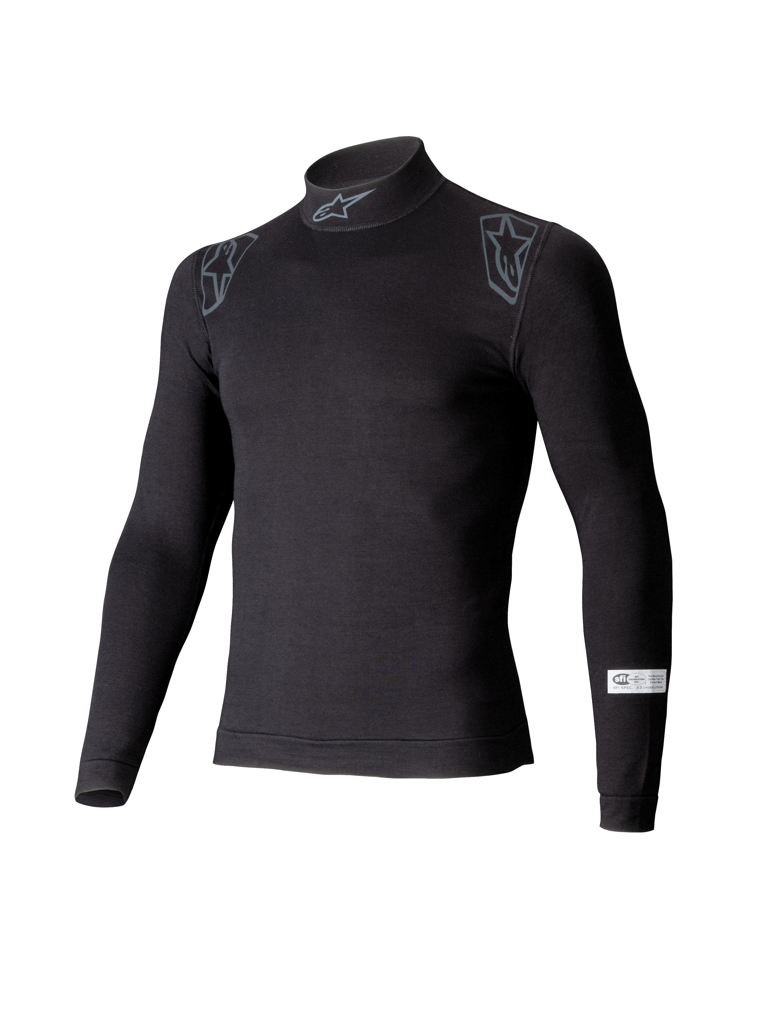 Alpinestars ZX Evo V3 Top, långärmad underställströja för bilsport, svart, med halvkrage och Alpinestars-logotyp, axelgrafik och SFI-certifieringsmärke på ärmen, professionella flamskyddade motorsportunderkläder