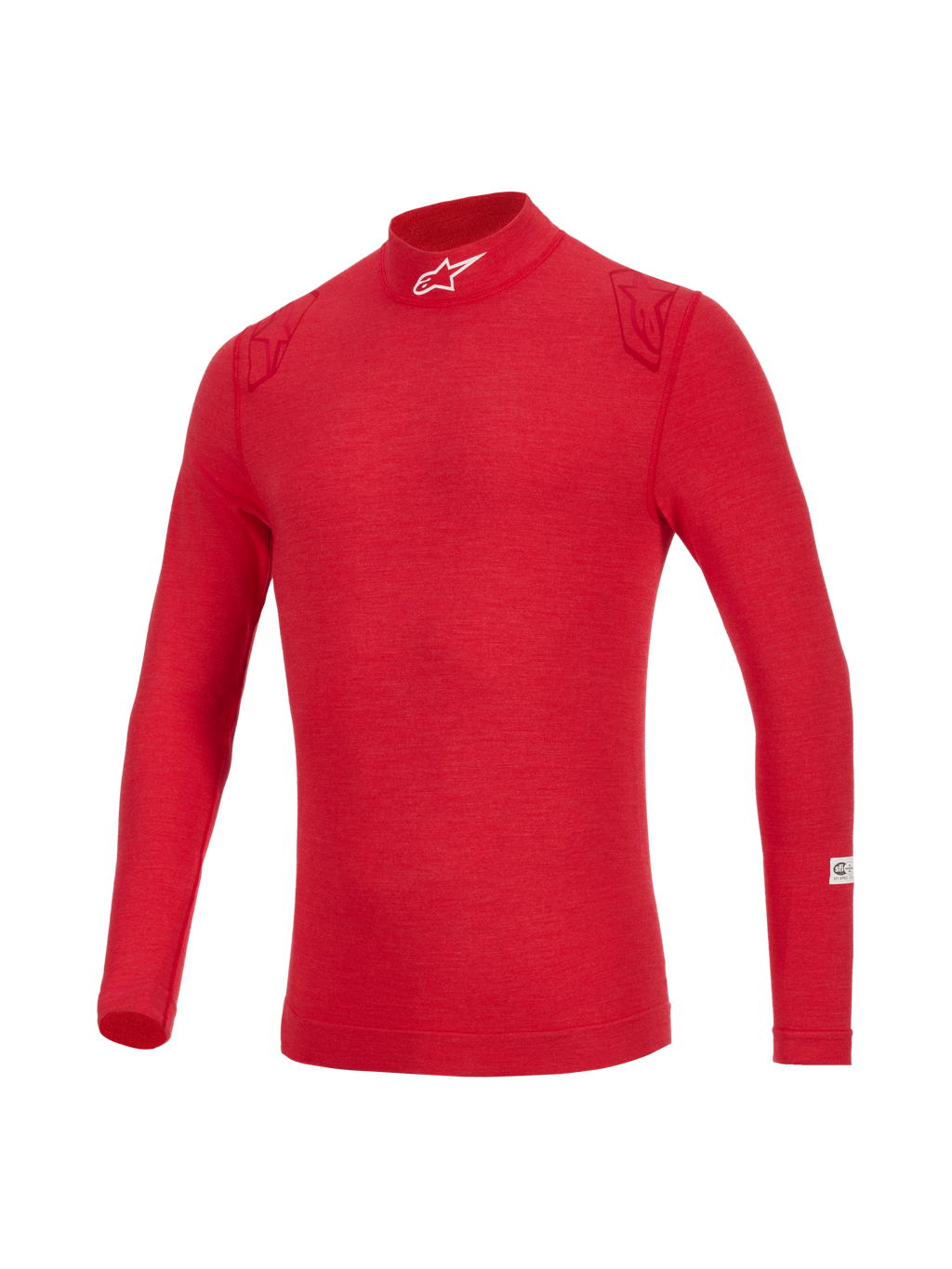 Alpinestars ZX Evo V3 långärmad topp, rött flamskyddat underställ för bilsport, hög krage med vit logotyp, ton-i-ton röda detaljer på axlarna, lätt tekniskt material för professionellt förarskydd