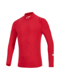 Alpinestars ZX Evo V3 långärmad topp, rött flamskyddat underställ för bilsport, hög krage med vit logotyp, ton-i-ton röda detaljer på axlarna, lätt tekniskt material för professionellt förarskydd