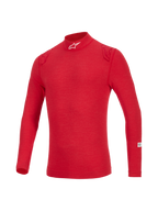 Alpinestars ZX Evo V3 långärmad topp, rött flamskyddat underställ för bilsport, hög krage med vit logotyp, ton-i-ton röda detaljer på axlarna, lätt tekniskt material för professionellt förarskydd