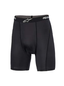 Alpinestars MX Boxer Padded, Motocross Base Layer, Black, compression shorts featuring a branded elastic waistband with white logo, vertical flat-profile stitching, and smooth-knit stretch fabric designed for off-road riding comfort