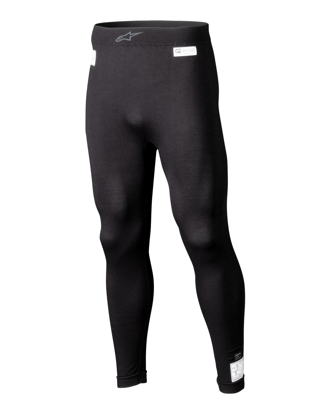 Alpinestars ZX Evo V3 Bottom, Black Motorsport Base Layer Leggings, Flame-resistant racing underwear, full-length design with white FIA and SFI certification labels, elastic waistband with grey Astars logo, sleek tapered fit