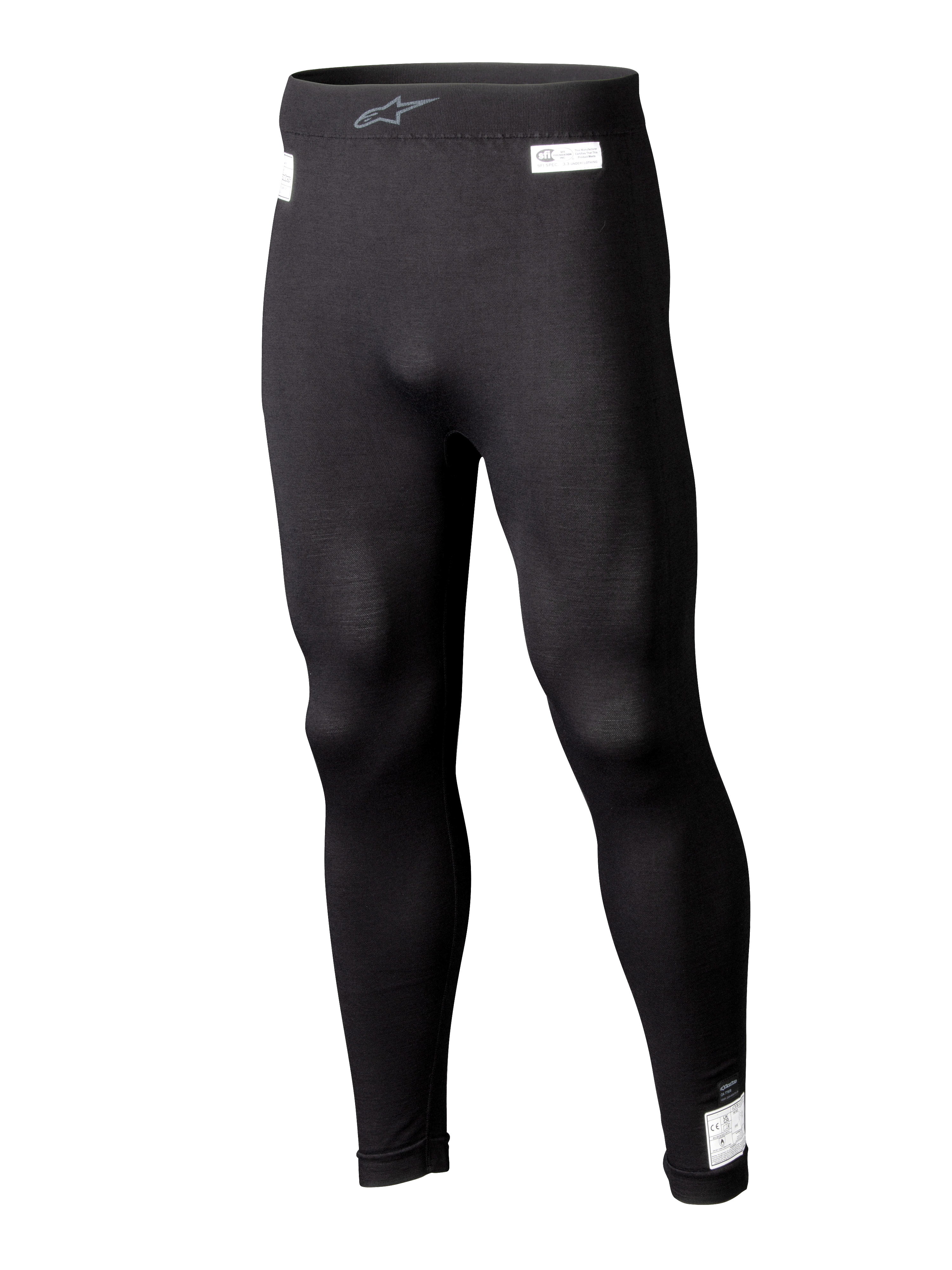 Alpinestars ZX Evo V3 Bottom, svarta underställsbyxor för motorsport, flamskyddat racingunderställ, hellång design med vita FIA- och SFI-certifieringsetiketter, elastisk midja med grå Astars-logotyp, smidig avsmalnande passform