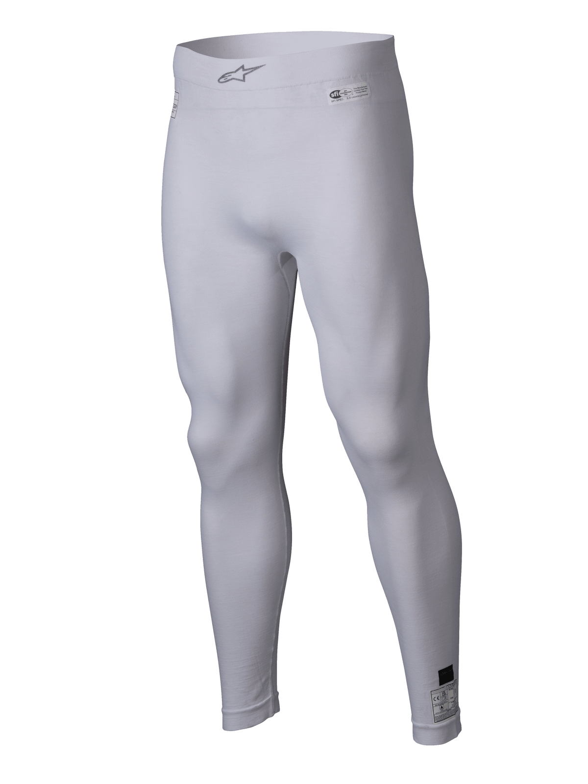 Alpinestars ZX Evo V3 Bottom, vita racingunderbyxor, flamsäkra kompressionsleggings, med Alpinestars-logotyp på den elastiska midjan och certifieringsetiketter, lätt stretchmaterial för motorsportprestanda