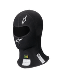 Alpinestars ZX Balaclava Evo V2 FIA/SFI, Black Racing Balaclava, single eye opening with white logos, visible FIA and SFI certification labels on the neck, flame-resistant technical fabric for professional motorsport