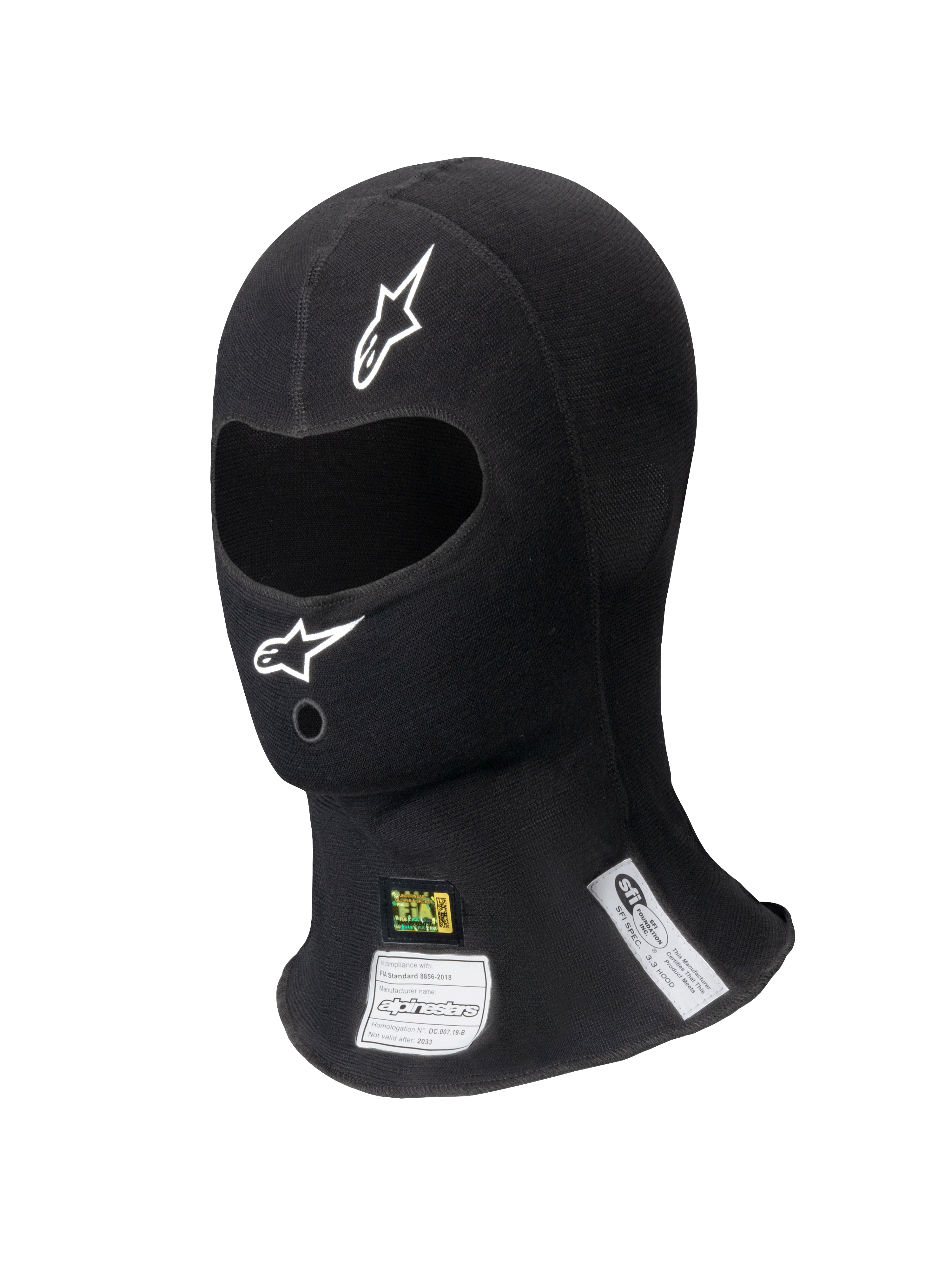 Alpinestars ZX Balaclava Evo V2 FIA/SFI, svart racing-balaklava, enkel ögonöppning med vita logotyper, synliga FIA- och SFI-certifieringsetiketter på halsen, flamskyddat tekniskt material för professionell motorsport