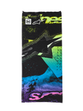 Alpinestars Buff Ignite Neck Tube, black with fluorescent pink, yellow, blue, and purple abstract graphics, featuring the Alpinestars star logo and Buff branding, seamless lightweight neck gaiter for motorcycle riding