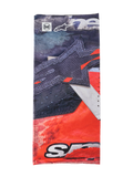 Alpinestars Buff Ignite Neck Tube, multi-functional neckwear, black and bright red with white details, featuring large star graphic, Alpinestars and Buff logos, sporty design for motorcycle riding