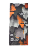 Alpinestars Buff Nazca Neck Tube, halsrör för motorcykel, grå camo och orange fluo, digitalt halftone-kamouflagemönster, med Alpinestars- och Buff-logotyper samt All Terra-märkning, sömlöst 4-vägs stretchmaterial för körning i varmt väder