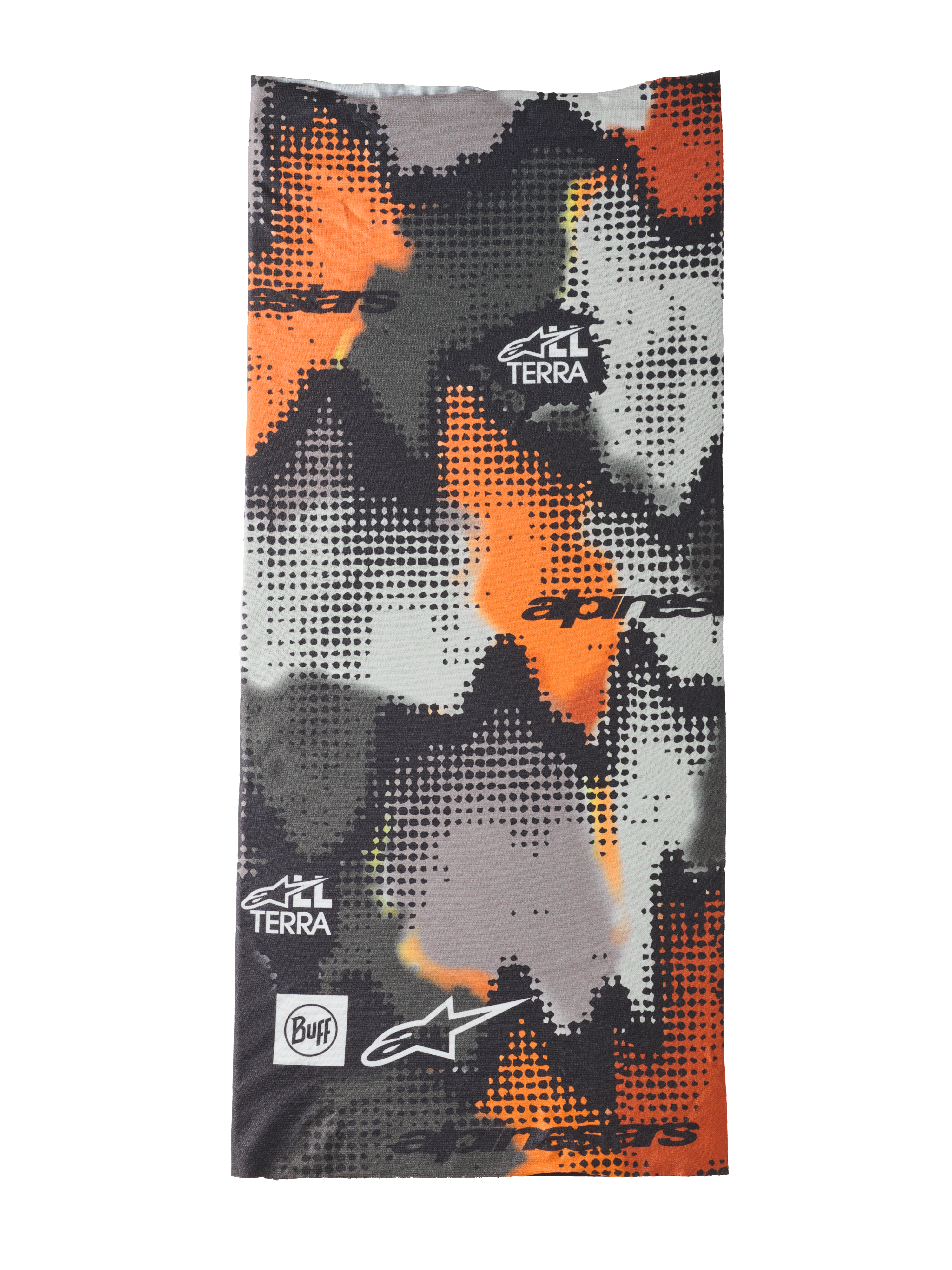 Alpinestars Buff Nazca Neck Tube, halsrör för motorcykel, grå camo och orange fluo, digitalt halftone-kamouflagemönster, med Alpinestars- och Buff-logotyper samt All Terra-märkning, sömlöst 4-vägs stretchmaterial för körning i varmt väder