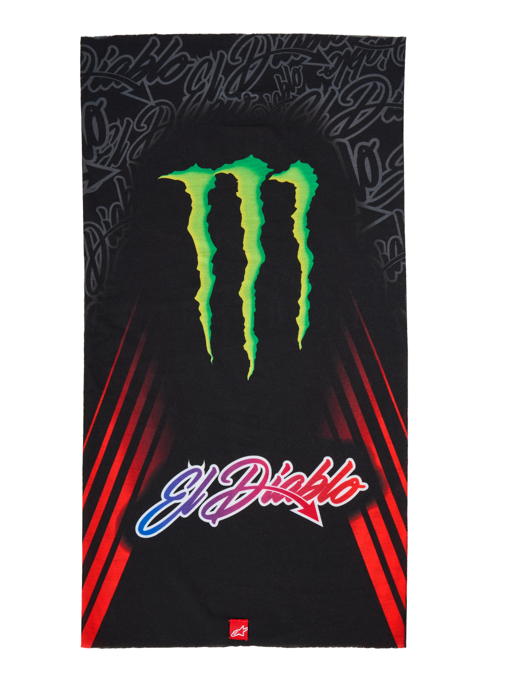 Alpinestars FQ20 Neck Tube Monster, halsrör för motorcykel, svart med en stor grön Monster Energy-logotyp och 'El Diablo'-text med färgtoning, röda diagonala racingränder på sidorna, lätt textilaccessoar för körning under vår och sommar